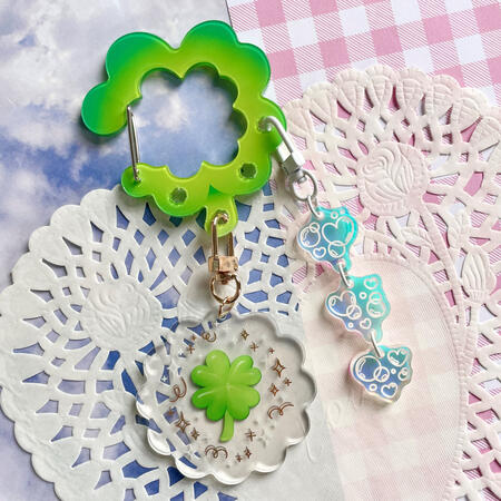 Lucky Clover Carabiner, Lucky Clover Keychain, and Heart Bubble Keychain
